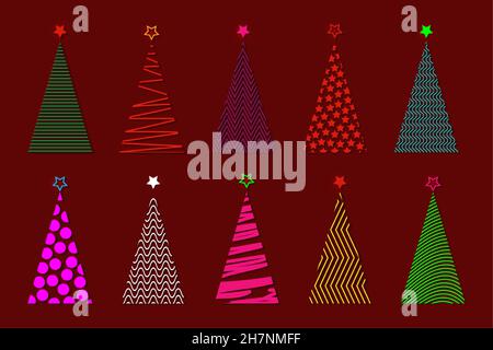 set of colorful vector stylized Christmas tree, fashion logo icon festive, embossed geometric tree in vibrant neon colors, isolated on red background Stock Vector