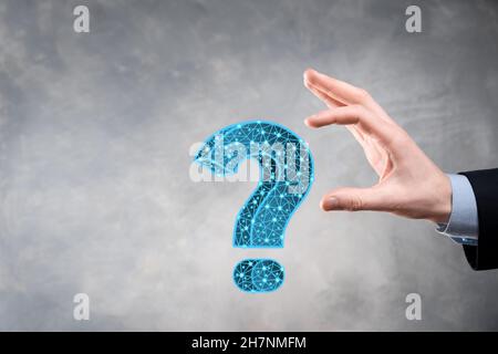 Question mark. 3d abstract on dark background with dots and stars. Ask symbol. Help support, faq problem symbol, think education concept, confusion se Stock Photo