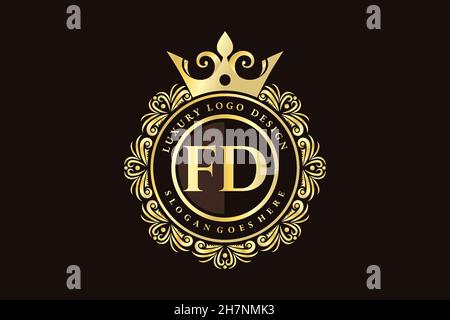 FD Initial Letter Gold calligraphic feminine floral hand drawn heraldic monogram antique vintage style luxury logo design Premium Stock Vector