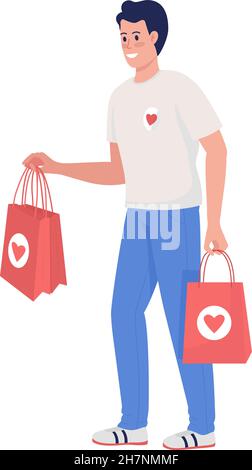 Volunteer with donation bags semi flat color vector character Stock Vector