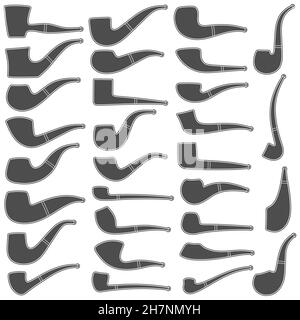 Set of black and white illustrations with smoking pipes of different shapes and types. Isolated vector objects on a white background. Stock Vector