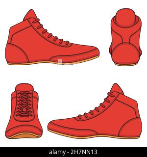 Set of color illustrations with red wrestling shoes, sports shoes. Isolated vector objects. Stock Vector