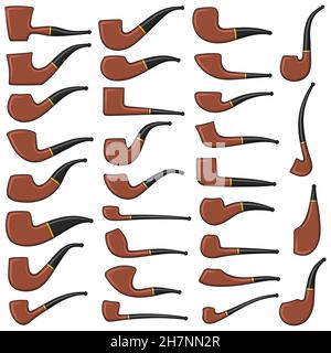 Set of color illustrations with smoking pipes of different shapes and types. Isolated vector objects on a white background. Stock Vector