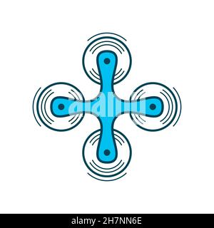 Blue drone top view icon. Flying drone with rotating blades (rotors). Quadcopter with four propellers. Unmanned aerial vehicle sign. Isolated on white Stock Vector