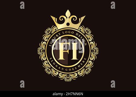 FI Initial Letter Gold calligraphic feminine floral hand drawn heraldic monogram antique vintage style luxury logo design Premium Stock Vector