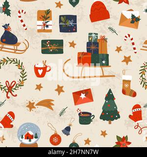 Cute hand drawn Christmas seamless pattern, collection of items, doodle, sketch, great for textiles, wrapping, banners, wallpapers, background - vecto Stock Vector