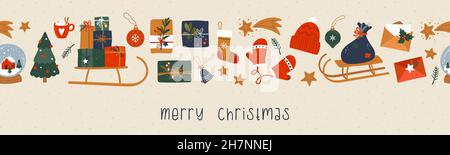 Cute hand drawn Christmas seamless pattern, collection of items, doodle, sketch, great for textiles, wrapping, banners, wallpapers, background - vecto Stock Vector