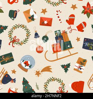 Cute hand drawn Christmas seamless pattern, collection of items, doodle, sketch, great for textiles, wrapping, banners, wallpapers, background - vecto Stock Vector