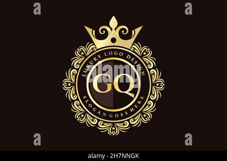 GQ Initial Letter Gold calligraphic feminine floral hand drawn heraldic monogram antique vintage style luxury logo design Premium Stock Vector