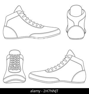 Set of black and white illustrations with wrestling shoes, sports shoes. Isolated vector objects on a white background. Stock Vector