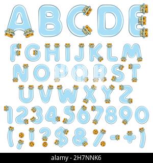 Alphabet, letters, numbers and symbols from vials, tubes with corks. Set of vector colored isolated objects on a white background. Stock Vector