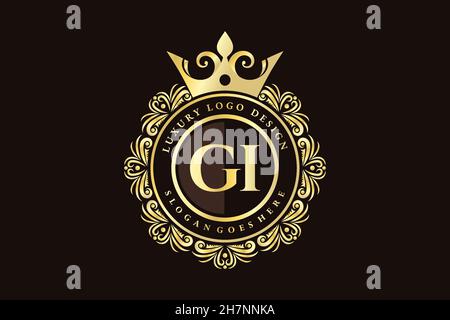 GI Initial Letter Gold calligraphic feminine floral hand drawn heraldic monogram antique vintage style luxury logo design Premium Stock Vector