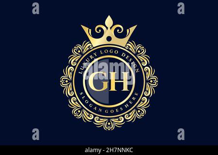 GH Initial Letter Gold calligraphic feminine floral hand drawn heraldic monogram antique vintage style luxury logo design Premium Stock Vector