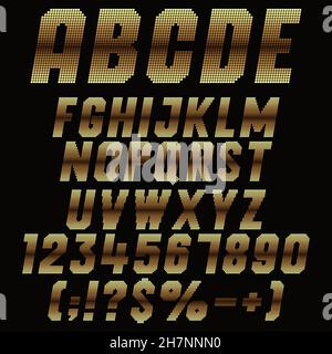 Alphabet, letters, numbers and signs of the pixels with gold gradient. Set of color vector isolated objects. Stock Vector