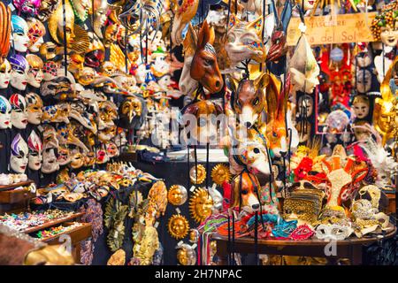 25.04.2017 Venice, Italy. Inside a traditional mask shop in Venice. Various carnival masks Stock Photo