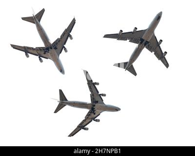 Jet passenger plane silhouettes isolated on white. Four engine aircrafts Stock Photo