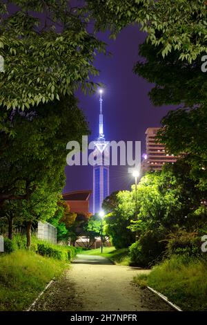 Creative view at Fukuoka Tower from the park. Night in Japan Fukuoka city. Stock Photo