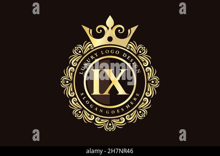 IX Initial Letter Gold calligraphic feminine floral hand drawn heraldic monogram antique vintage style luxury logo design Premium Stock Vector