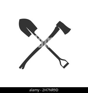 Crossing shovel and axe vector icon isolated on white. Stock Vector