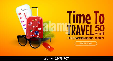 Travel and vacancy sale banner or discount coupon. Traveling bag with souvenirs sunglasses and tropical plants. Vector Illustration. Stock Vector