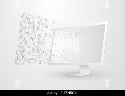 Binary code coming out of the computer screen. Smart pc software grouping data from chaos to order. Big data diagnostic and anlasysis vector Stock Vector