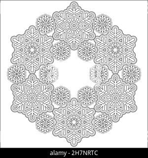 Ornate frame of snowflakes, Black and white wreath made from Snowflake. Vector coloring page for adult Stock Vector