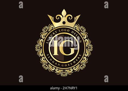 IG Initial Letter Gold calligraphic feminine floral hand drawn heraldic monogram antique vintage style luxury logo design Premium Stock Vector