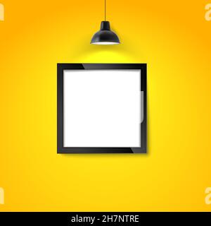 Picture frame on yellow wall with hanging lamp. Blank photo frame or poster template. Photo art gallery mockup. Stock Vector