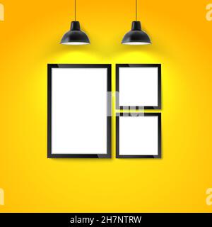 Photo art gallery mockup. Picture frame on yellow wall with hanging lamp. Blank photo frame or poster template. Stock Vector