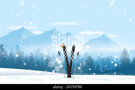 Winter sport tourism. Pair of cross skis in snow. Ski winter mountain landscape background. Vector illustration. Stock Vector