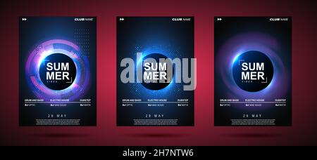 Electronic music abstract background blue. Party poster design showing sound waves. Music background. Circle frame for text. Stock Vector