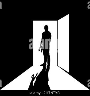 Man with belt standing at the door. Practising violence against children. Domestic violence concept. Stock Vector