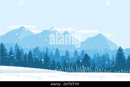 Beautiful winter flat landscape background. Winter landscape with mountains and snowfall. Flat design. Vector Stock Vector