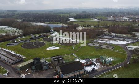 Aerial view of water treatment works creating patterns in the landscape ...