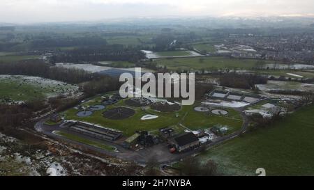 Aerial view of water treatment works creating patterns in the landscape ...