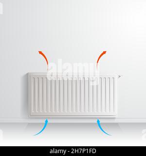 Heating radiator on white wall with arrow showing air circulation, front view. Stock Vector