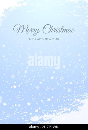 Frost christmas background with falling stars and snowflakes. Bright vertical snowy wish card design. Stock Vector