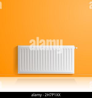Heating radiator on orange wall, front view. Stock Vector