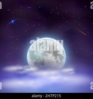 Night sky with full moon hidden behind clouds. Magical mystical night with stars and falling comets. Vector Illustration. Stock Vector