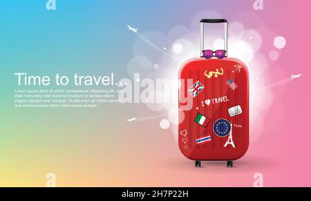 Plastic travel bag with different travel souvenirs. Time to travel. Traveling banner template. Vector Illustration. Stock Vector