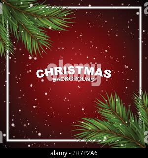 Christmas red background with pine branchs in corner and snowflakes. Stock Vector