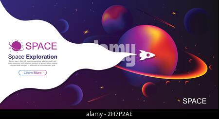 Vector space background with planets and stars. Space exploration. Gradient Fluid Design. Stock Vector