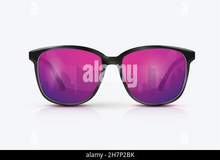 Reflection of the city in the glasses. Vector realistic modern eyeglasses with ultraviolet gradient lens. Summer vacation holiday beach pool party. Stock Vector