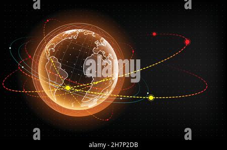 Earth hologram with satellite. Artificial satellite around the earth. Earth impact monitoring. 3d illustration of planet. HUD style vector Stock Vector