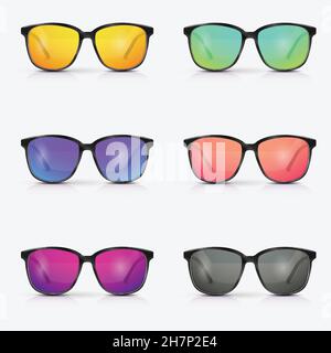 Vector set of sunglasses. Eyeglasses with color lens. Modern sunglasses. Stock Vector