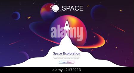 Vector space background with planets and stars. Space exploration. Gradient Fluid Design. Stock Vector