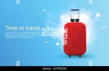 Time to travel. Red glossy suitcase with wheels. Travel banner concept. Stock Vector