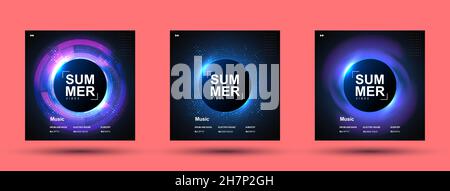 Electronic music abstract background blue. CD cover design showing sound waves. Music background. Circle frame for text. Stock Vector