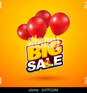 Big sale special offer design. Bright creative banner with red balloons and smile in love. Happy and funny style, can be used for fast food and kids Stock Vector