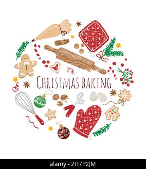 Christmas baking elements concept in circle composition. Vector illustration on white background with kitchen utensils,rolling pin,cookies,eggs. Flat Stock Vector
